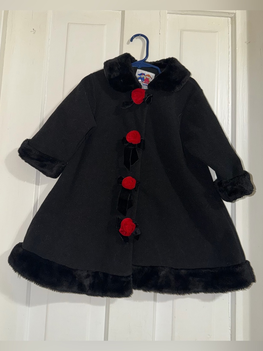 Vintage toddler girls3T coat Black Girls' Faux-Fur Trim Coat Red Rosette Accent